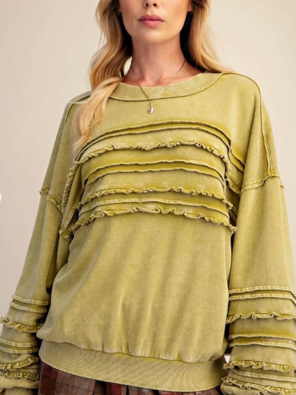 Easel Pistachio Ruffle Sweatshirt | Textured Boho Oversized Pullover NEW - Picture 3 of 4